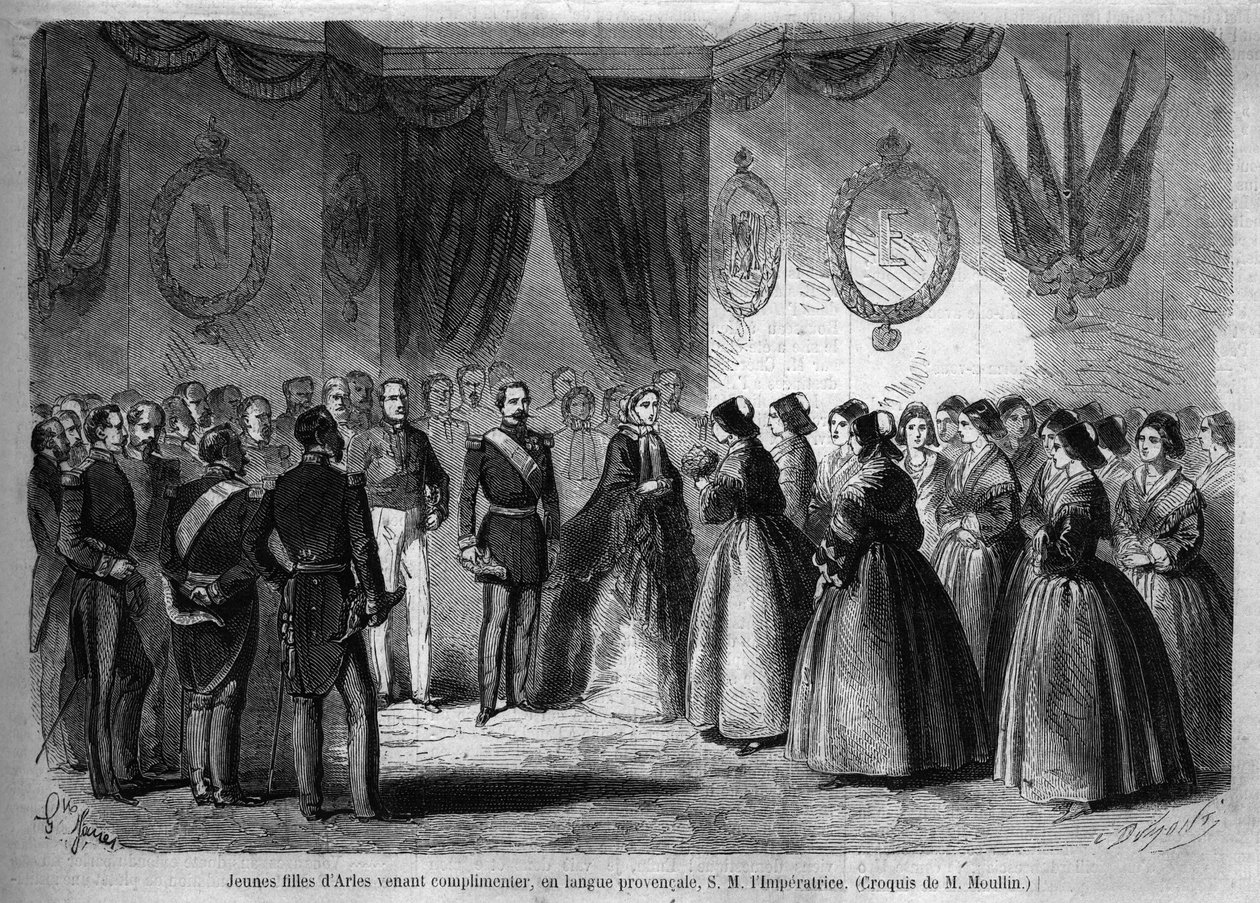 Kejsar Napoleon III:s (1808-1873) och hans hustru Eugenie de Montijos (1826-1920) resa till hertigen av Savoyen efter annekteringen av greven av Savoyen (Turinfördraget i mars): här träffar det kejserliga paret som besöker Arles unga flickor från regionen. av Unknown artist