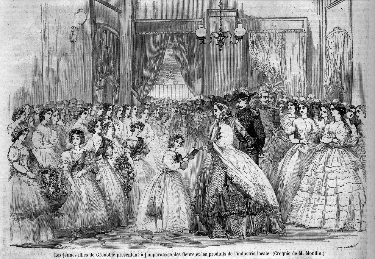 Kejsar Napoleon III (1808-1873) och hans hustru Eugenie de Montijos (1826-1920) resa till hertigen av Savoyen efter annekteringen av greven av Savojen (Turinfördraget i mars): här möter det kejserliga paret som besöker Grenoble unga flickor som kom att pre av Unknown artist