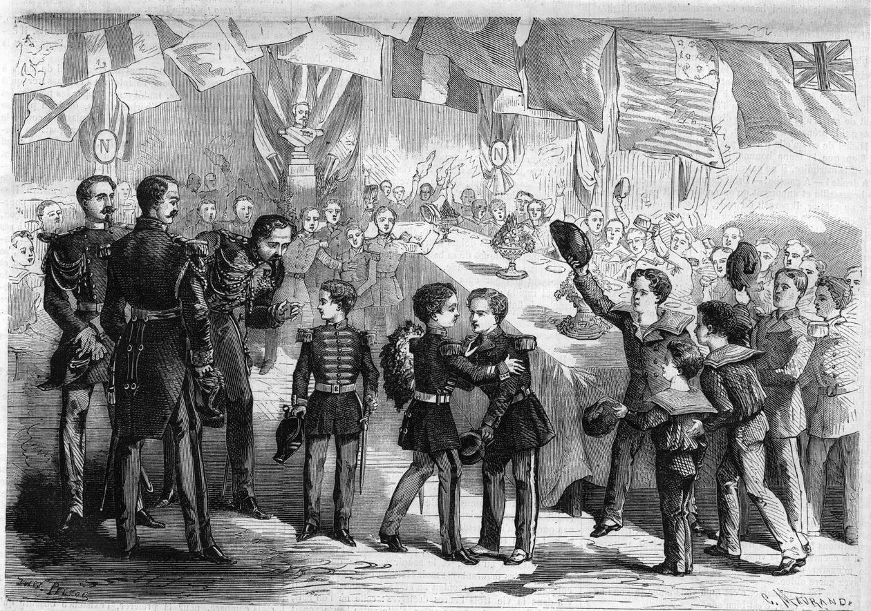 Hans Majestät den kejserlige prinsen Napoleon Eugene Louis Jean Joseph Bonaparte (1856-1879), son till Napoleon III, till Cherbourg, Frankrike: mossor och truppers barn erbjuder en bukett till prinsen. Gravyr i "" The Illustrious Universe"" av Unknown artist