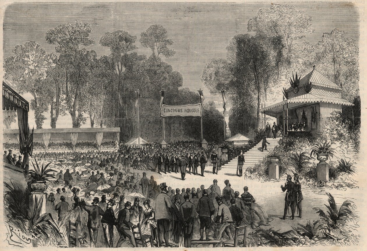 Napoleon III:s (1808-1883) och imponerande Eugenie de Montijos (1826-1920) resa till Rouen: utdelning av priser vid jordbrukstävlingen. Gravyr i "" L