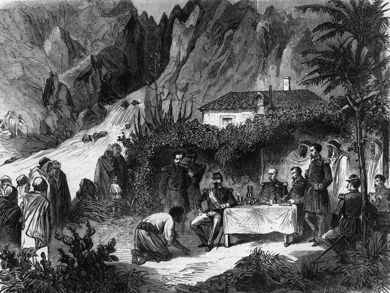 Napoleon III:s, fransmännens kejsare, resa till Algeriet. September 1860. Napoleon III lunch vid apbäcken tar emot Barka. Gravyr från 1865. av Unknown artist