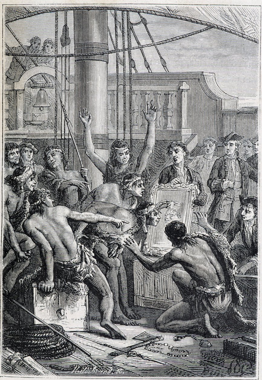 Samuel Wallis (1728-1795) resa till Polynesien: inhemska etonnes vid en spegel - illustration hämtad från "The Great Mariners of the 18th century" av Unknown artist