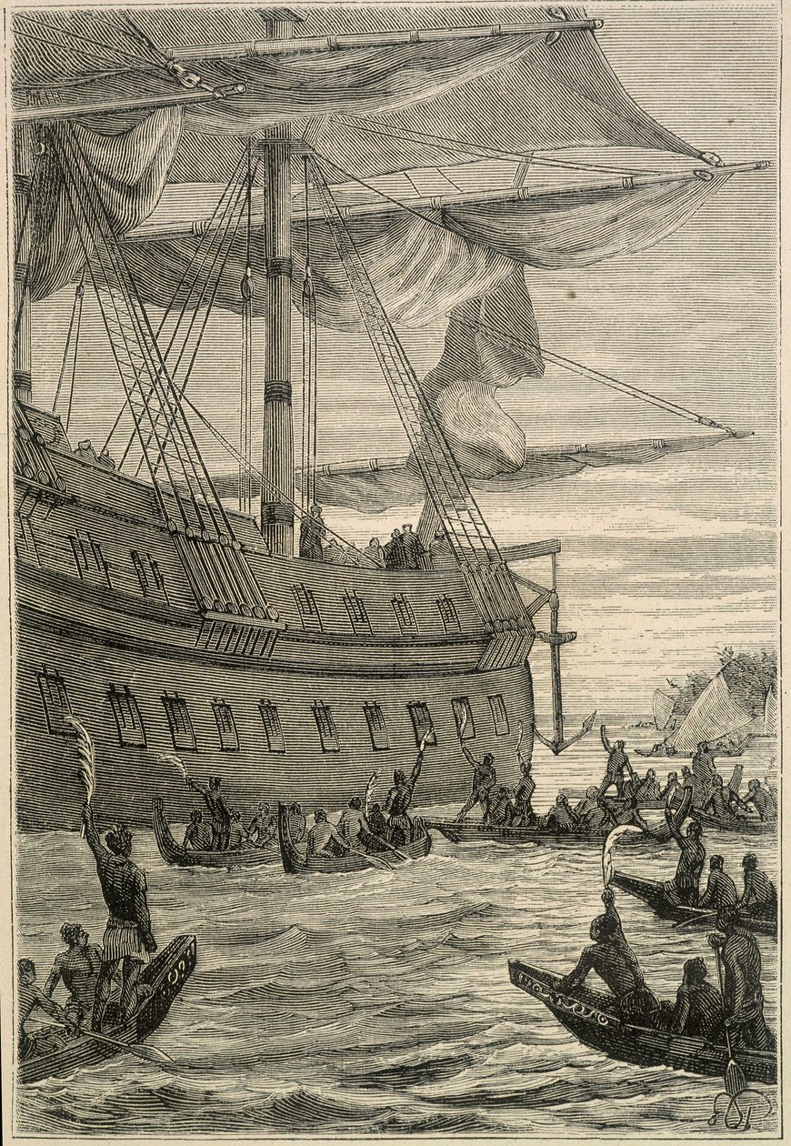 Samuel Wallis (1728-1795) resa till Polynesien: ursprungsbefolkningen som håller banankvistar i handen som en välkomsthälsning - illustration från "The Great Mariners of the 18th century"" av Unknown artist