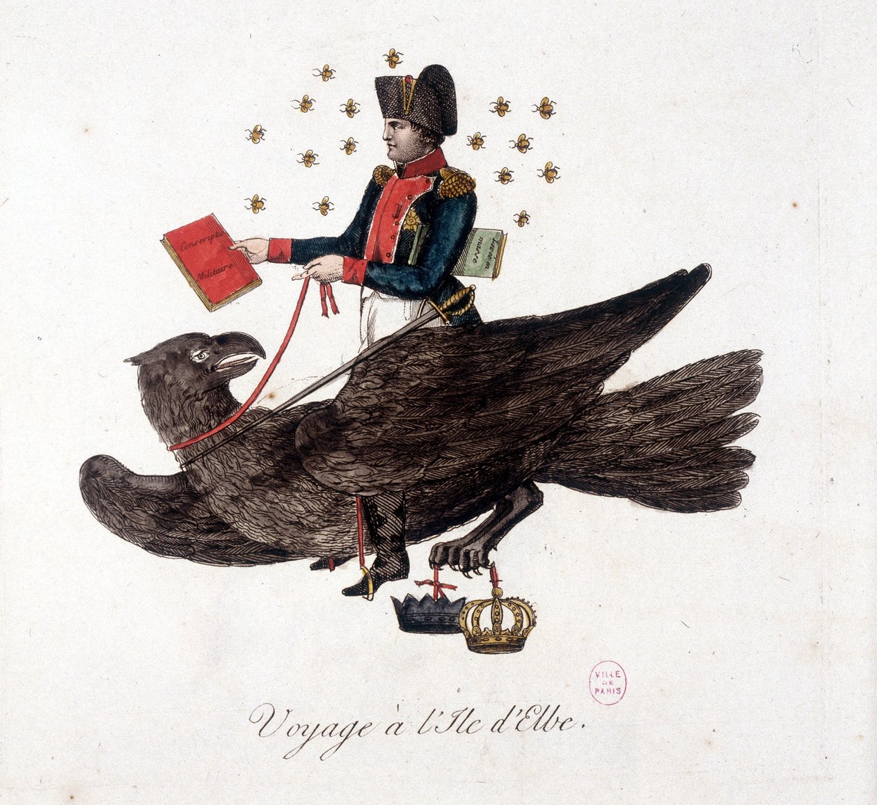 Resa till Elba Island: Napoleon rider på en örn, håller i böckerna om militär värnplikt och masslyft av soldater - i "" Napoleon 1st, karikatyrer, dummysamling"", ca. 1814 av Unknown artist