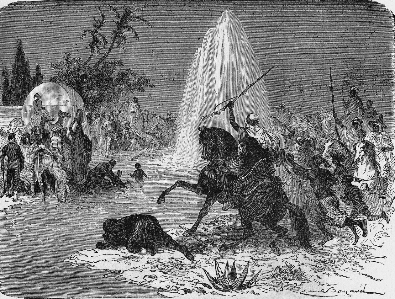 Arabernas glädje vid åsynen av vattenflödet från den artesiska brunnen Sidi-Rached, smidd av fransmännen, i Saharaöknen. I” Album de la Science”, Éditions Jouvet av Unknown artist