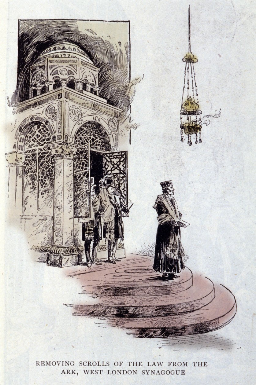 Judendom: Torah-rullar som vanligtvis placeras i den heliga arken används vid en ceremoni. Rabbinen bär Tallit eller Tzitzit bönestund. West London synagoga av Unknown artist