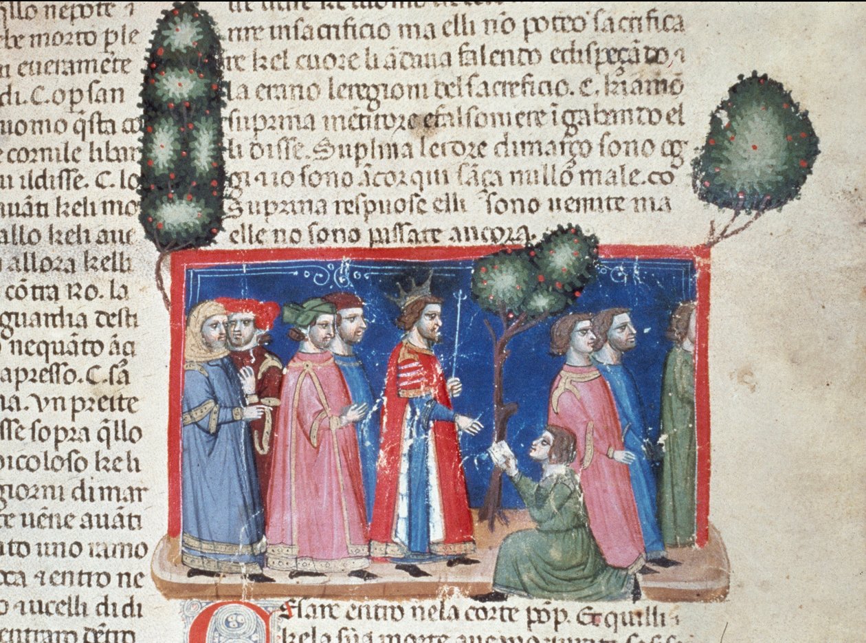Jules Cesar (101-44 f.Kr.) lärde sig besvärjelsen av Catilina 63 f.Kr., politisk konspiration för att detronera honom Detalj av en manuskriptsida "" Facts of the Romans"" (Ms 1538, fol 50r) runt 1340 Florens, Biblioteca Riccardiana av Unknown artist