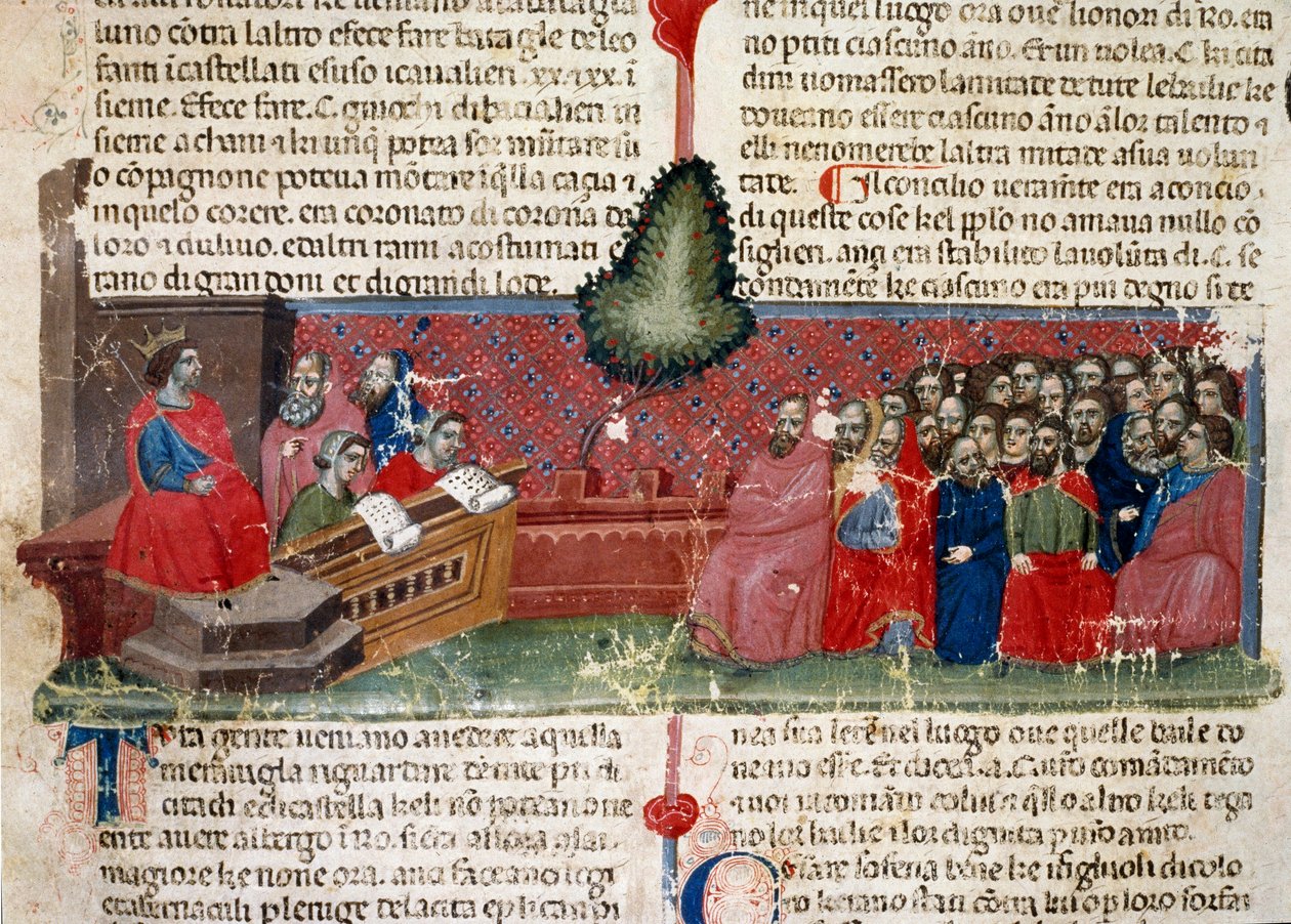 Jules Cesar (101-44 f.Kr.) på tronen Detalj av en manuskriptsida "" Facts of the Romans"" (Ms 1538) ca 1340 Florens, Biblioteca Riccardiana av Unknown artist