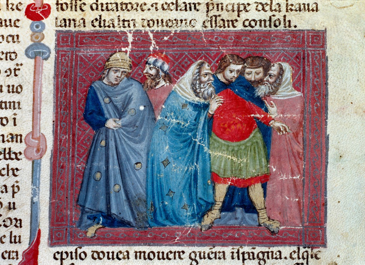 Jules Cesar (101-44 f.Kr.) på tronen Detalj av en manuskriptsida "" Facts of the Romans"" (Ms 1538, fol 1v) omkring 1340 Florens, Biblioteca Riccardiana av Unknown artist