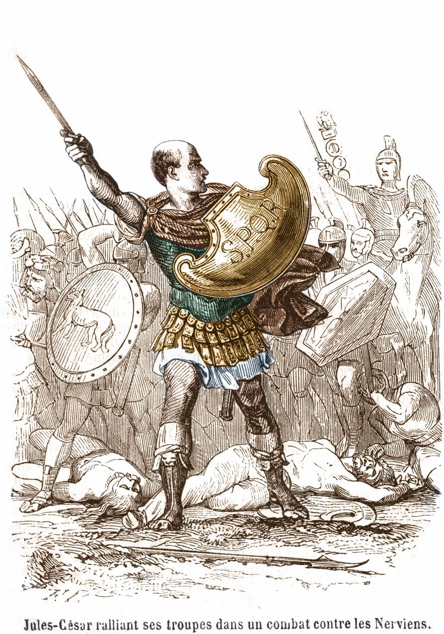 Julius Caesar samlar sina trupper i en kamp mot Nerviens - gravyr av Unknown artist