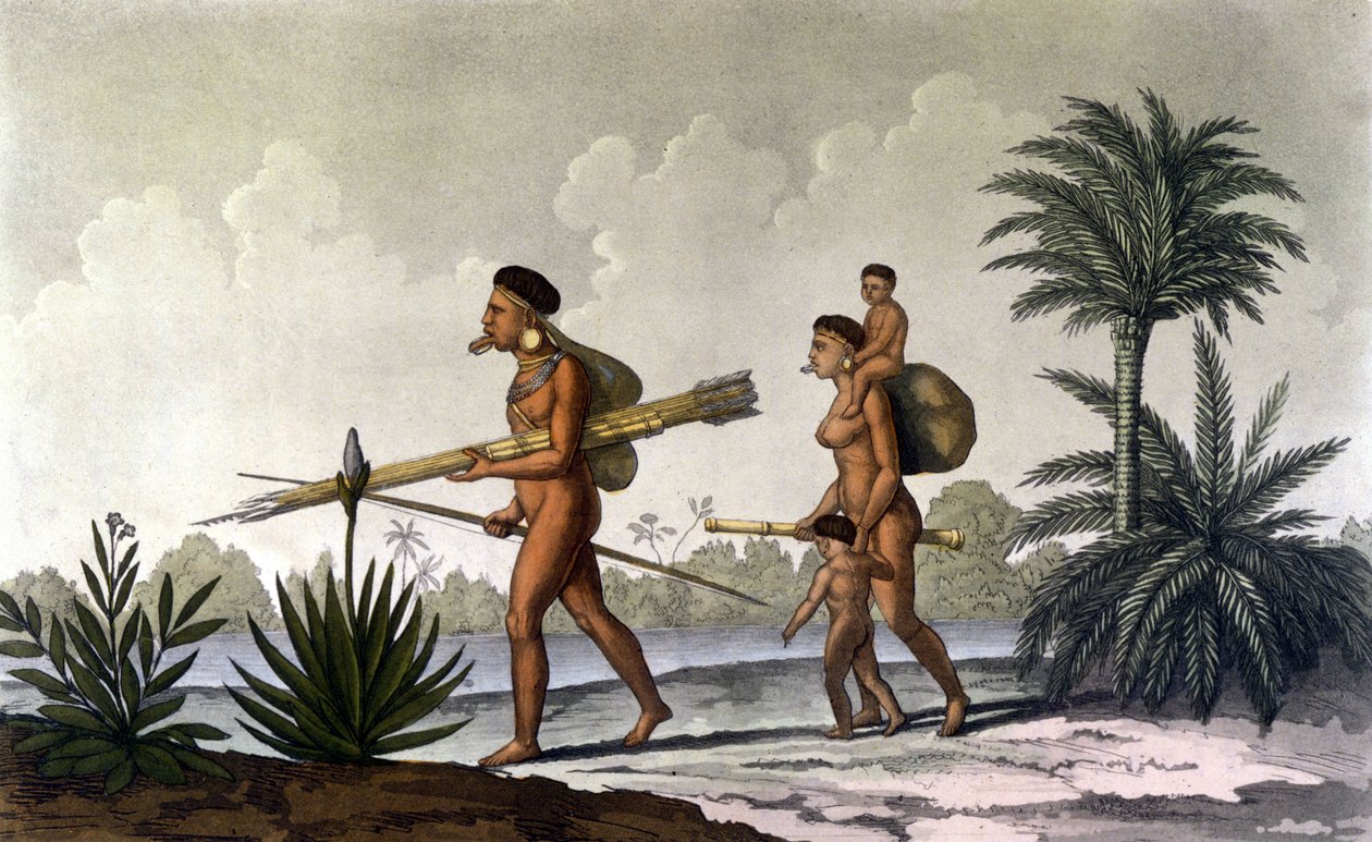Kerengnatnuck, chef för Botocudos, och hans familj (Brasilien) - i "Den gamla och moderna kostymen"" av Ferrario, red. Milano av Unknown artist