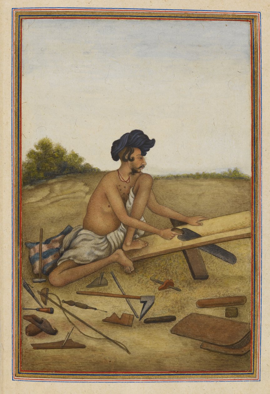 Khati eller Tarkhan, panjabs snickarkast. Man sågar en planka. av Unknown artist