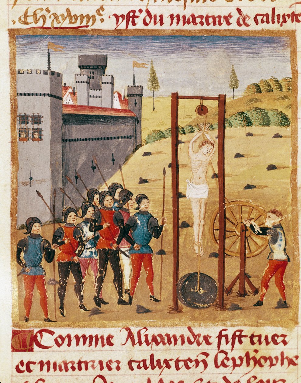 Kung Alexander den Store (356-323 f.Kr.) närvarar vid avrättningen av den ädla Calixten Cephobe genom att hänga""" Miniatyr hämtad från "" Book of Facts of Alexander the Great""" av Quintus Curtius Rufus (1:a århundradet) (ms 1335, fol. 167 v av Unknown artist
