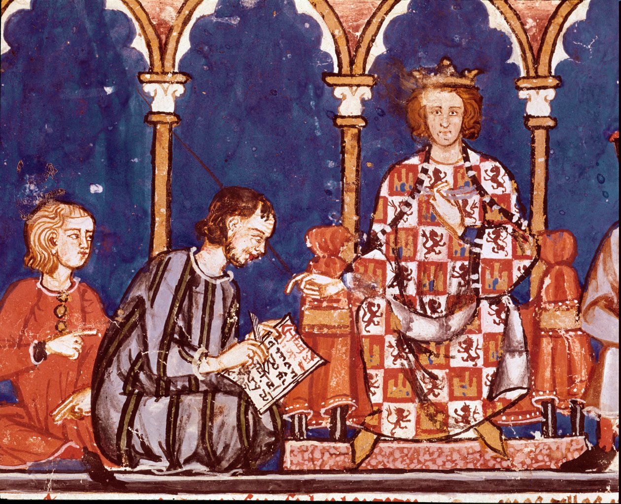 Kung Alfonso X den vise mannen hjälper till med att skriva. Detalj av en miniatyr från Spelens bok av Alfonso X den vise (1221-1284) 1282. St. Lawrence av The Scorial. Kungliga biblioteket i av Unknown artist