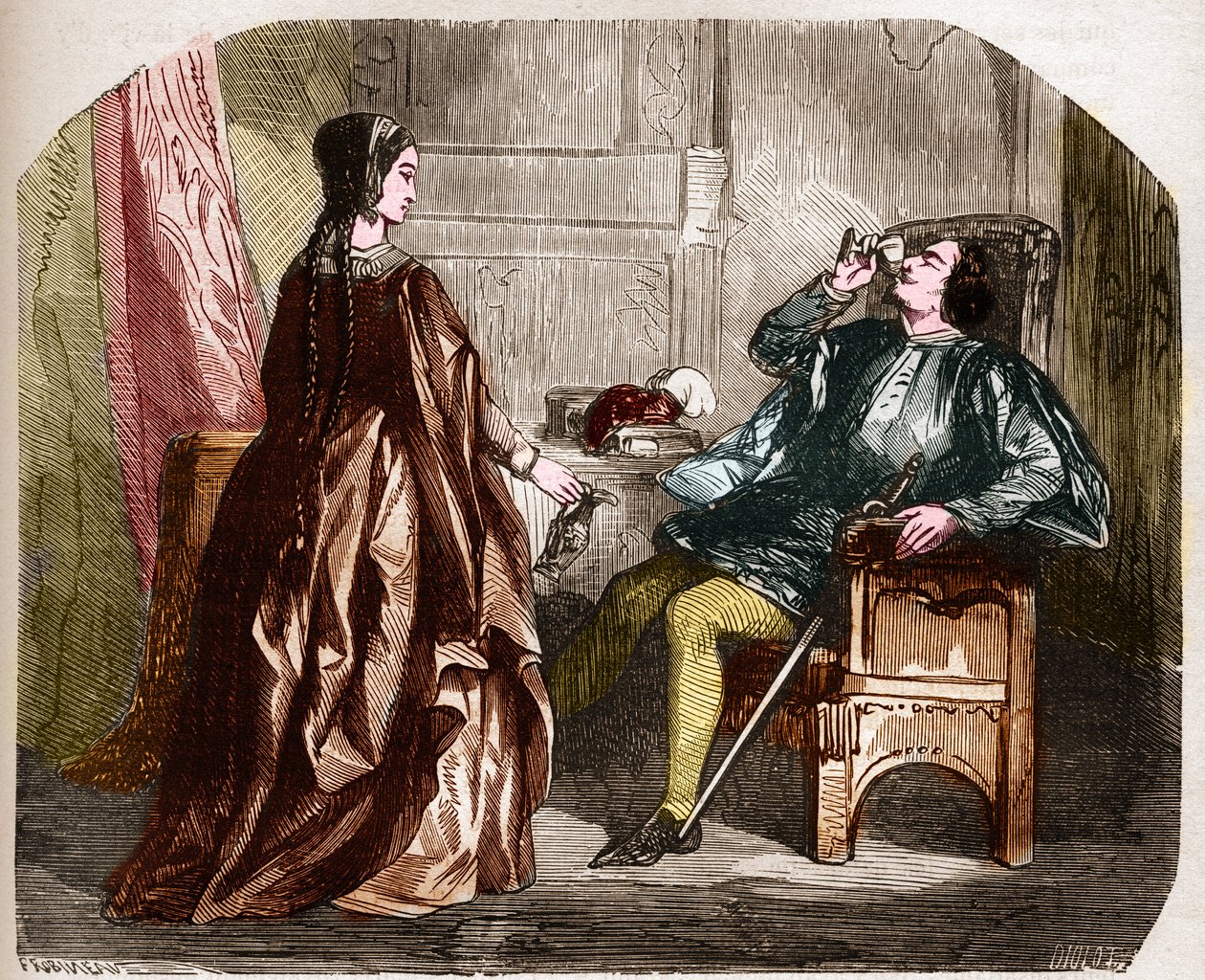 Kung Karl VI av Frankrike, känd som Karl den gode Aime, sedan Karl den Folle (1368-1422) med sin älskarinna Odinette (Odette) de Champdivers. Gravyr i "Prostitutionens och utsvävningens historia bland alla världens folk från Antiquitž till av Unknown artist