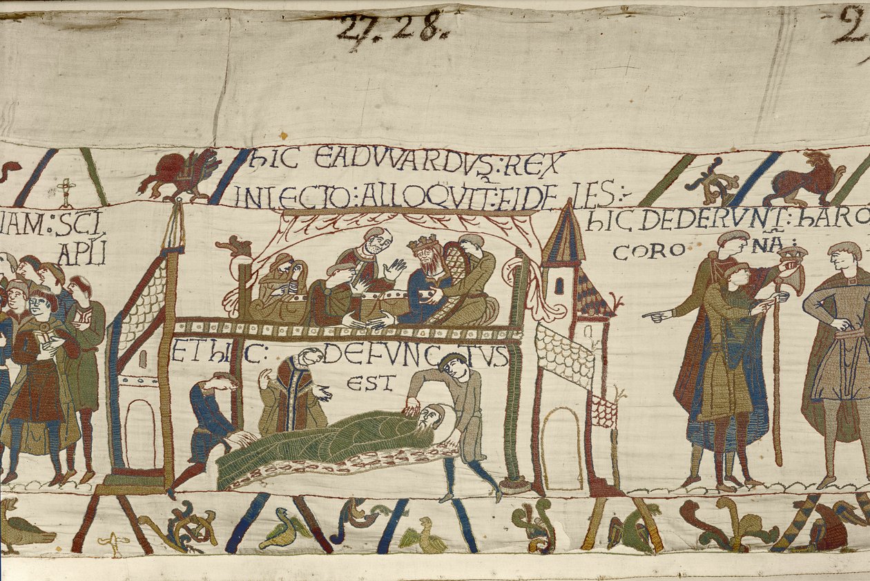 Kung Edward Bekännaren på sin dödsbädd, Bayeuxtapet (ullbroderi på linne) av Unknown artist