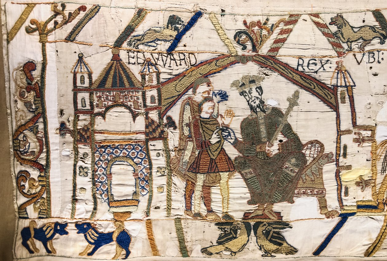 Kung Edward Bekännaren skickar Harold till Normandie, Bayeux Tapestry (ullbroderi på linne) av Unknown artist