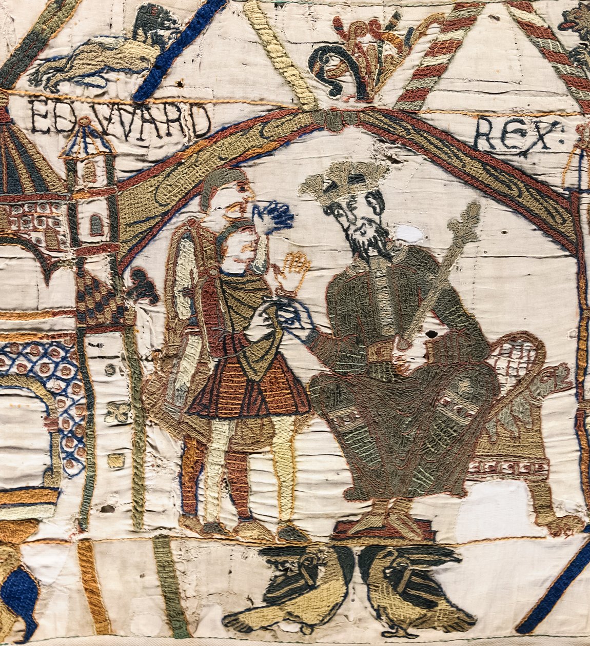 Kung Edward Bekännaren skickar Harold till Normandie, Bayeux Tapestry (ullbroderi på linne) av Unknown artist