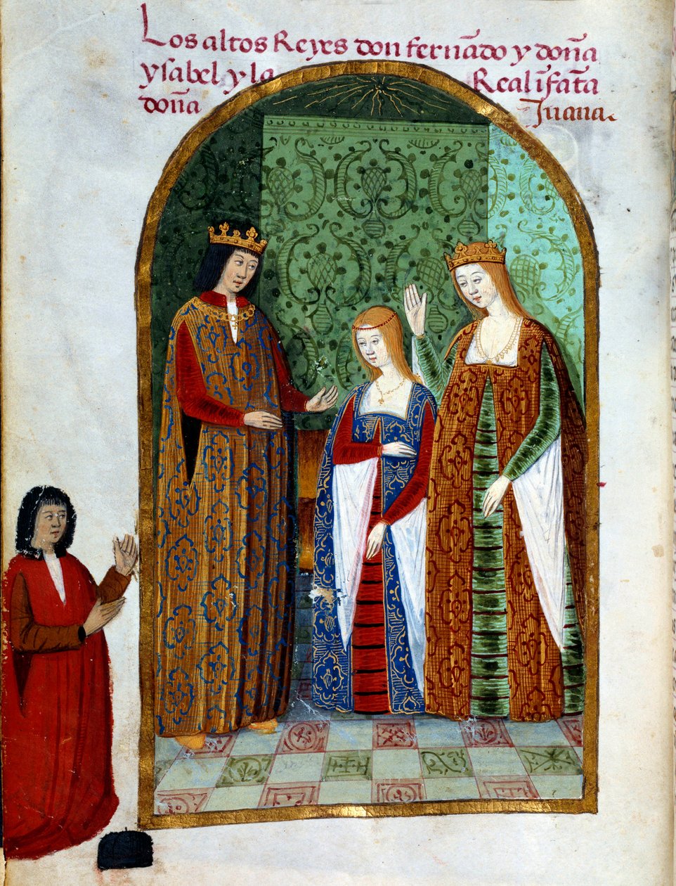 Kung Ferdinand II, kung av Aragonien och Sicilien (1452 - 1516), Joan, drottning av Kastilien (1479 - 1555) och Isabella I av Kastilien (även känd som katolik), drottning av Spanien (1451 - 1504). Miniatyr i "" Andakt av drottning Da Juana som de kallade g av Unknown artist