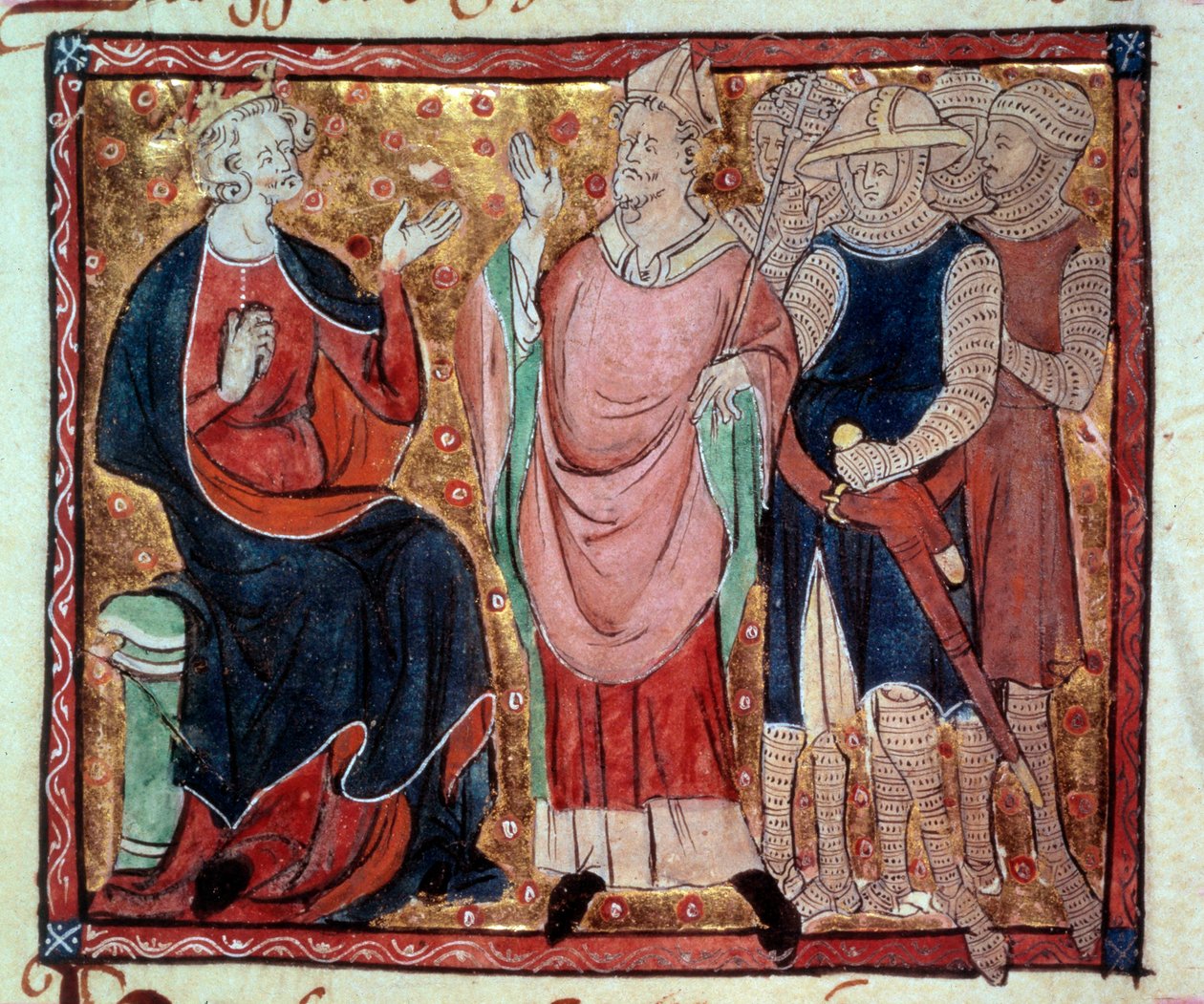 Kung Henrik II av England (1133-1189) tar emot en eveque och soldater Miniatyr från ett 1400-talsmanuskript. Paris, B.N. av Unknown artist