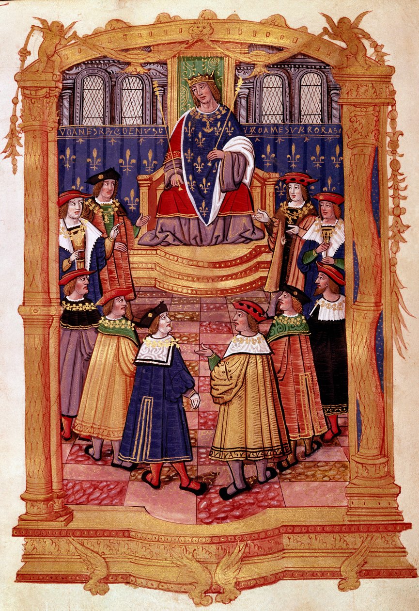 Kung Ludvig XI (1423-1483) och riddarna av Sankt Mikaels orden Miniatyr från manuskriptet "" Statuter för Sankt Mikaels orden"" 1400-talets Milano, Biblioteca Trivulziana av Unknown artist