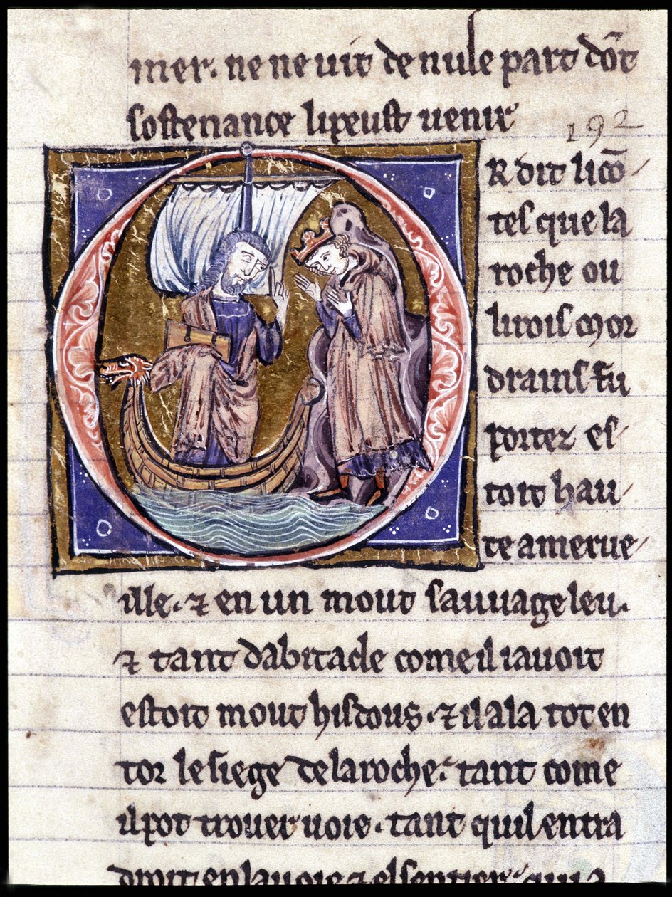 Kung Modreius. Manuskript: Erövringen av Saint Gréal, skrivet 717 år efter vår herres passion. Bibliotheque Municipale de Rennes, ms. 255 (Samling av romaner av det runda bordet); Paris av Unknown artist