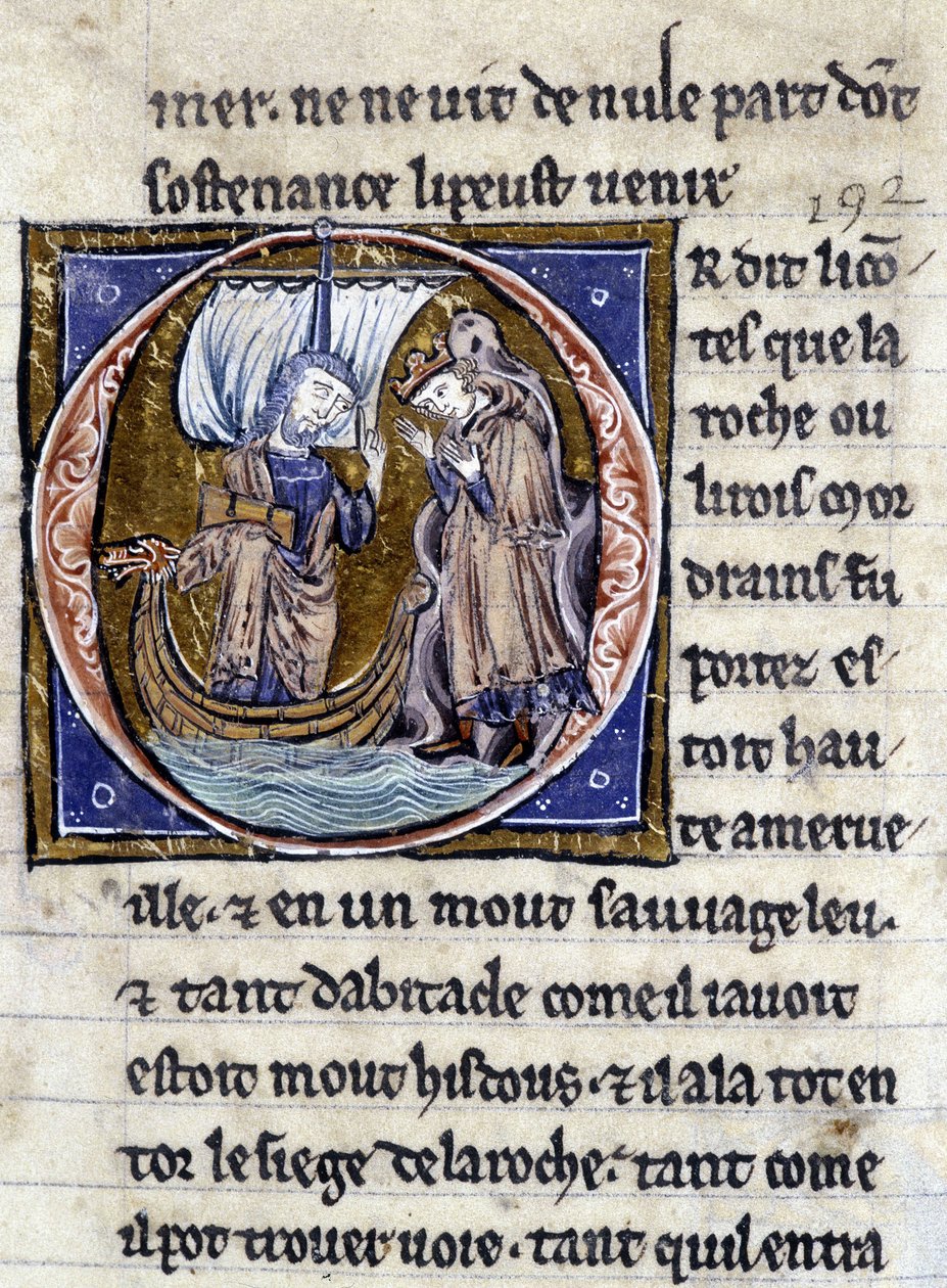 Kung Modreius. Manuskript: Erövringen av Saint Gréal, skrivet 717 år efter vår herres passion. Bibliotheque Municipale de Rennes, ms. 255 (Samling av romaner av det runda bordet); Paris av Unknown artist
