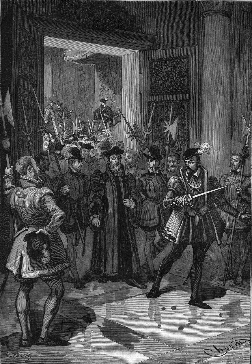 Kungen av Frankrike, Henrik II (1519-1559), i mitten, och beordrade sin ledning att gripa rådgivarna. Gravyr av 1800-talet. I "Histoire de France" av Jules Michelet av Unknown artist