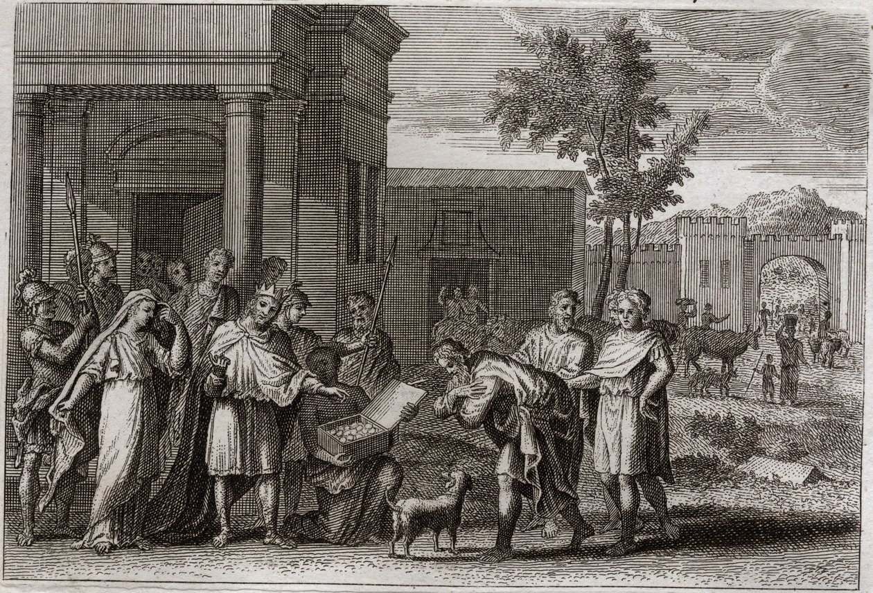 Kingdom Bible, Gamla testamentet: Abimelek straffad av Gud. Abimelek (Abimelek eller Ahimelek eller Ahimelek), kung av Gerar, som med våld tagit Sara (Sarah), Abrahams hustru, men som han trodde var endast hans syster, blir vilseledd av Gud och ger henne t av Unknown artist