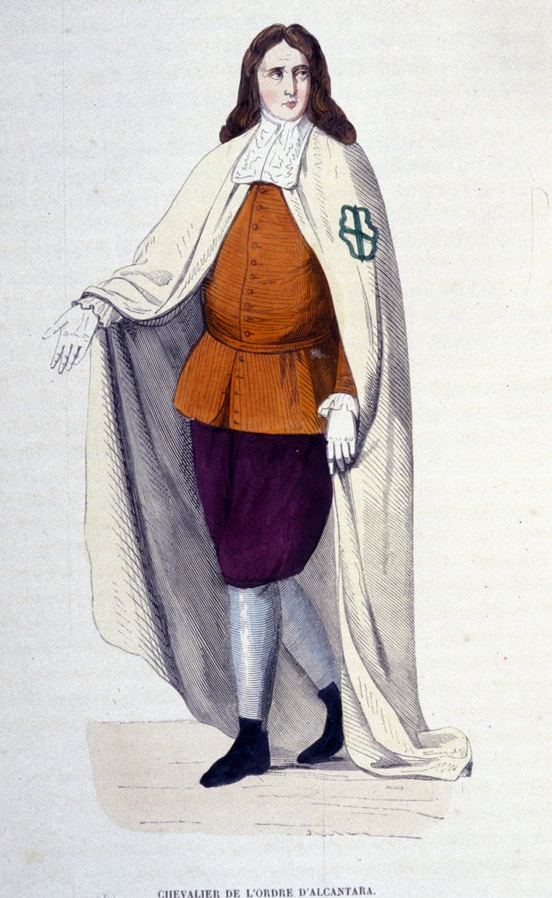 Riddare av Alcantaraorden, religiös och militär orden grundad 1156 under namnet San Julian del Pereiro-orden, i imitation av tempelriddaren, för att bekämpa morerna. 1800-talsgravyr, privat samling, Milano. av Unknown artist