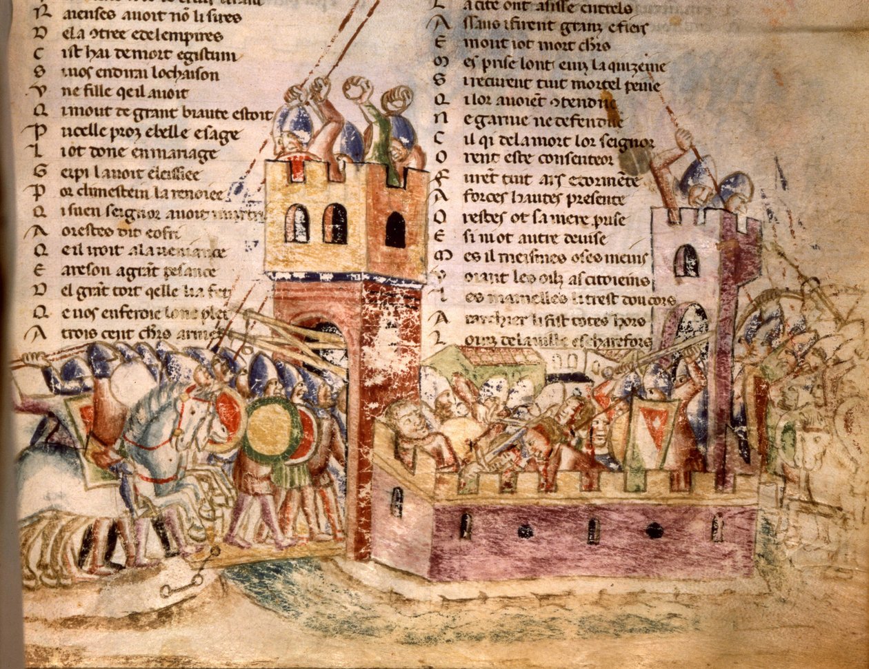Riddare stormade ett slott. 1100-talsmanuskript. Bibl. Marciana Venedig. av Unknown artist