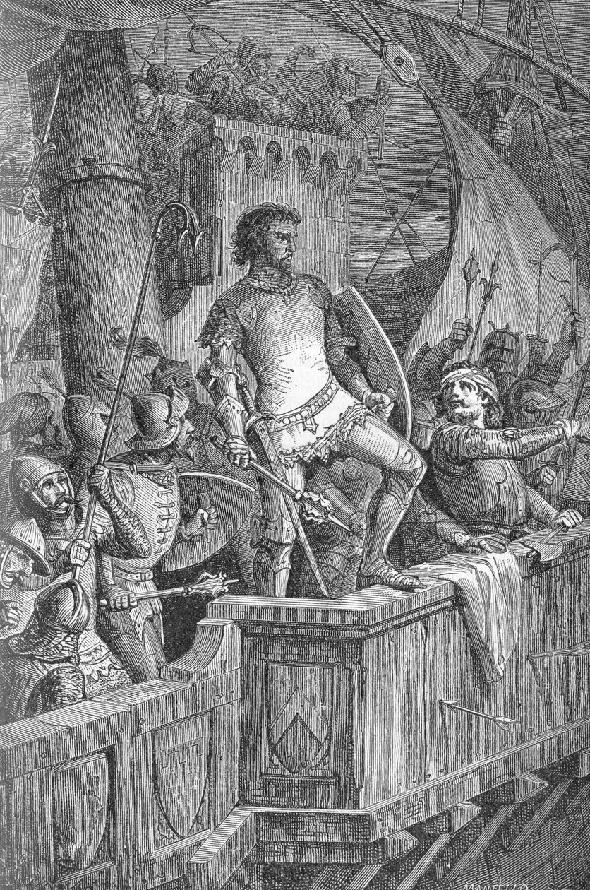 Knut den store (Canut I) (994 eller 995-1035) - Cnut den stores män på Londonbron, under attack av Olaf II av Norge (Olaf II av Norge) - Gravyr i "" Kaiser, Konig une Papst" av Richard Roth av Unknown artist