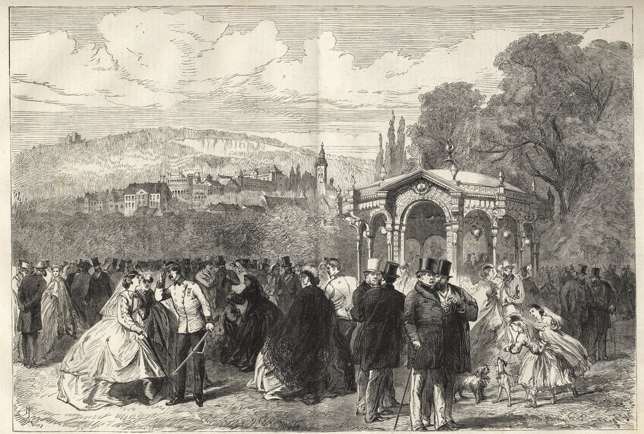 Konversationshaus - Baden Baden (Baden-Baden), Tyskland - Promenaden framför samtalshuset - Allmän vy över Baden-Baden från trädgårdarna i House of Conversation - 1867 av Unknown artist
