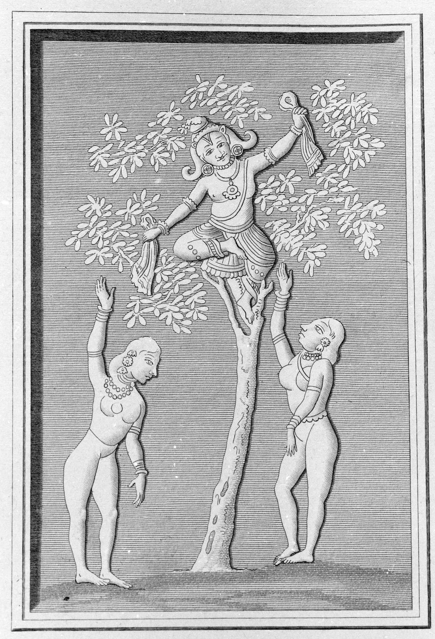 Krishna flyger med två gopis. gravyr i ""Ancient and Modern Monuments of Hindustan"" av L.M. Langles, Paris 1821. av Unknown artist