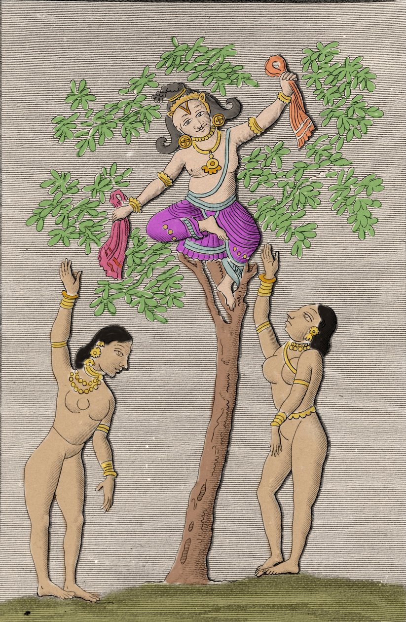 Krishna flyger med två gopis. gravyr i ""Ancient and Modern Monuments of Hindustan"" av L.M. Langles, Paris 1821. av Unknown artist