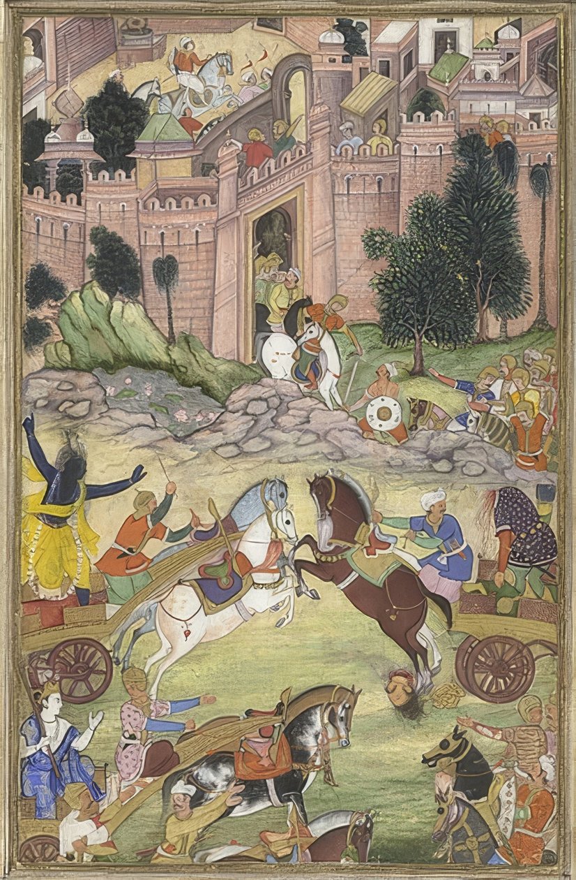 Krishna dödar demonen Sri Gala (scen från Harivamsa). Omkring 1585-95 av Unknown