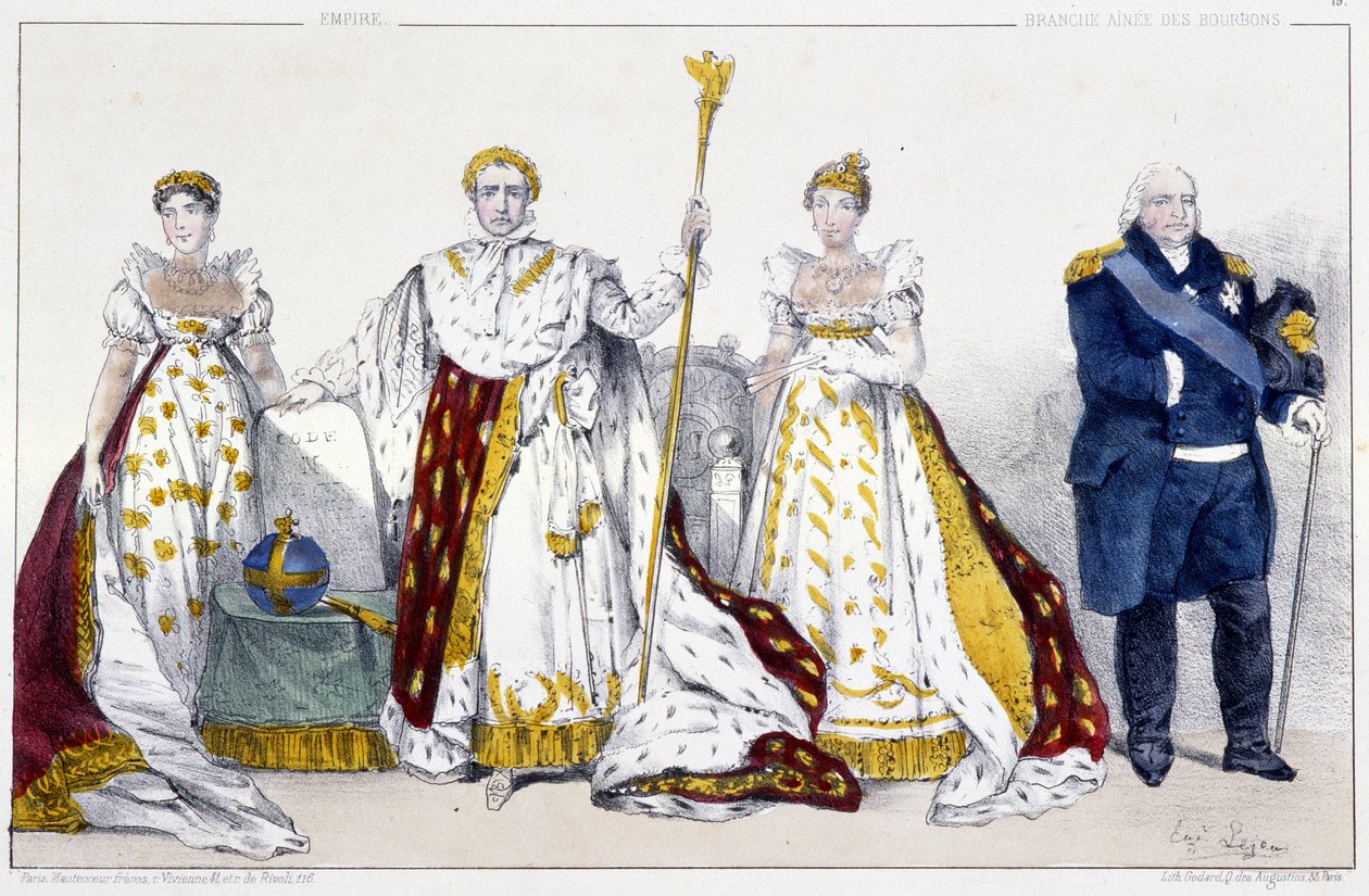 Imperiet och bourbonerna: Josephine de Beauharnais (1763-1814) och Napoleon I Bonaparte (1769-1821), Marie Josephine de Savoie (1753-1810) och Louis XVIII dit Le Desire (1755-1824) - Plåt extraherad från kungar och Queens of France in prints, Paris, ed. Sc av Unknown artist