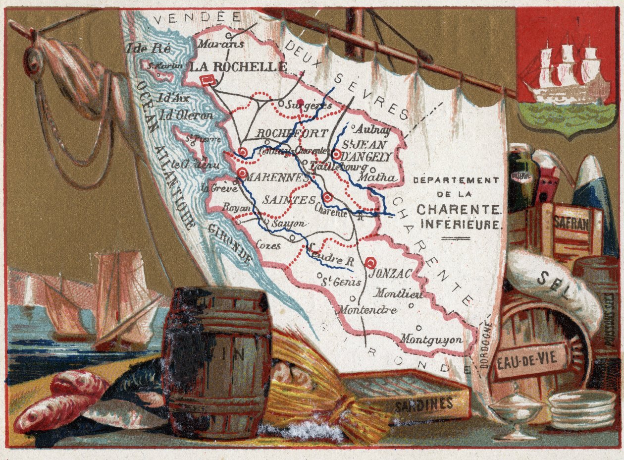 La Charente Inferieure, Poitou Charentes, Frankrike. Vin, konjak, sardiner, salt, saffran, torr fisk, ca 1920 av Unknown Artist
