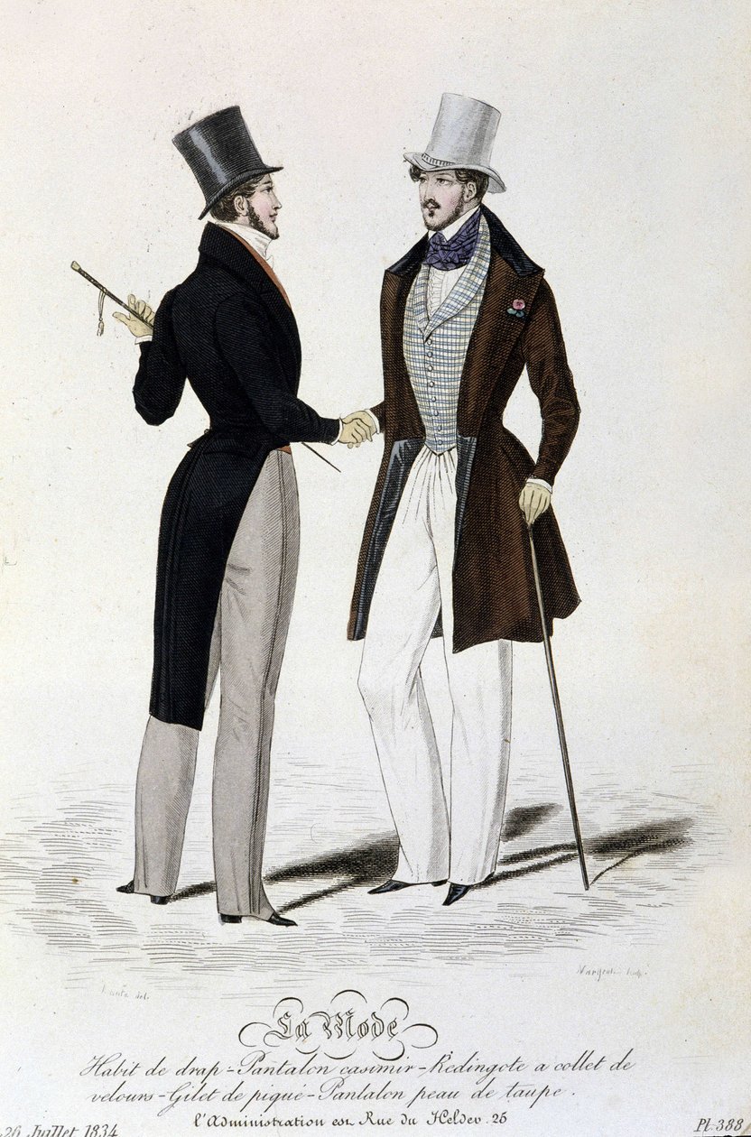La Mode du 26 juillet 1834: (maskulint mode) lakankostym - byxor casimir - Redingote med sammetskrage - väst av piké - byxor i brunt skinn och hög hatt. av Unknown artist