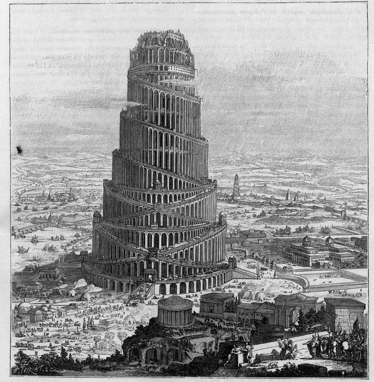 Babels torn, efter Pere Kircher - (Reducerad gravyr av "Turris Babel" av Unknown artist