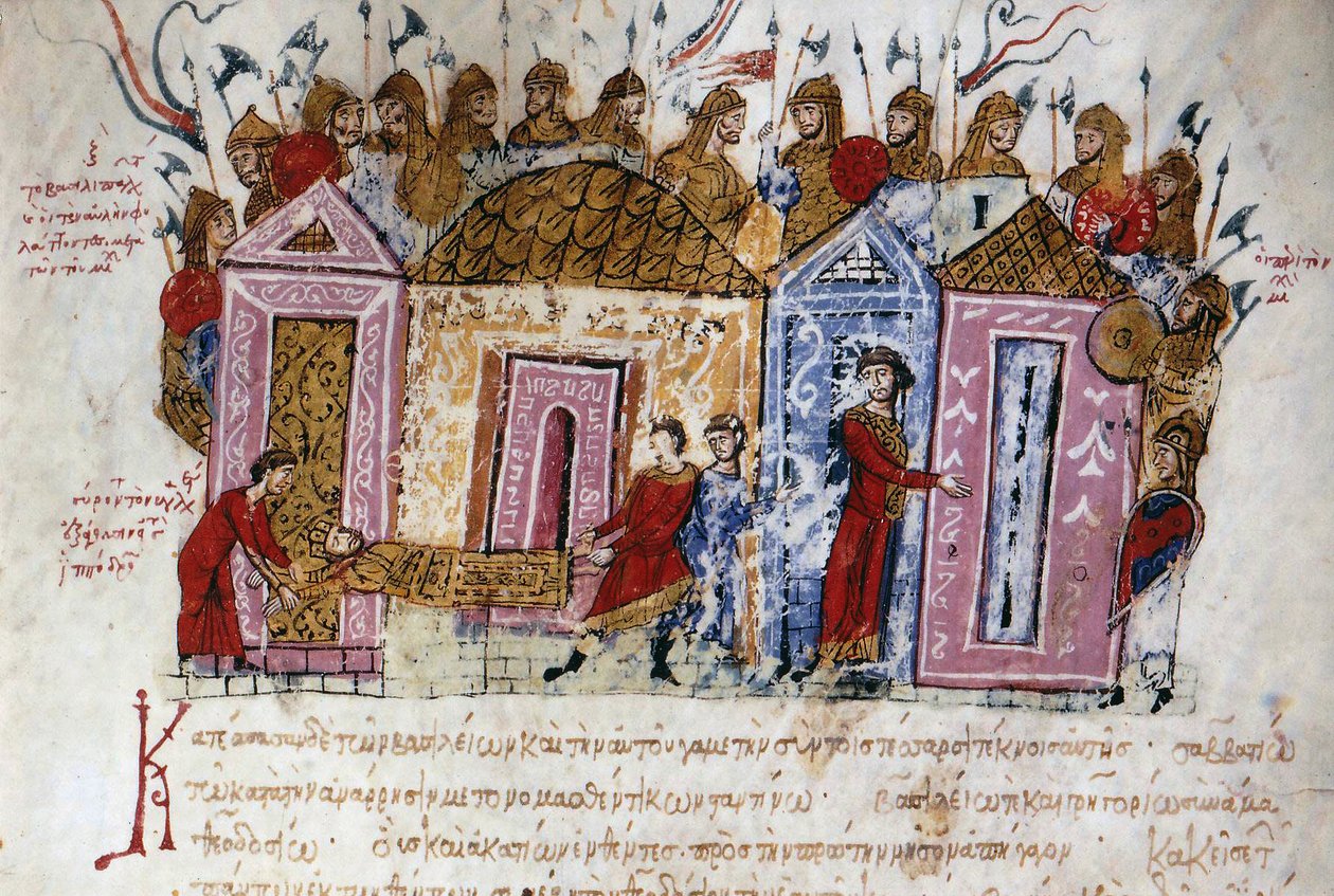 Varangians (Varangian) väpnade gardet (danska och svenska vikingar, som reste genom hela flodsystemet i de östra territorierna och byggde fort, ända till Kaspiska havet och därmed lade grunden till det som skulle bli den statliga ryska) Miniatyr hämtad frå av Unknown artist
