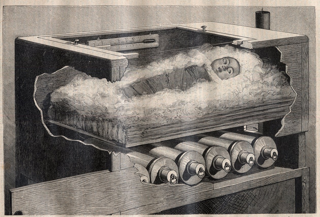 Konstgjort moderskap: en inkubator av barn - Gravyr i "La Science francaise"" av Unknown artist