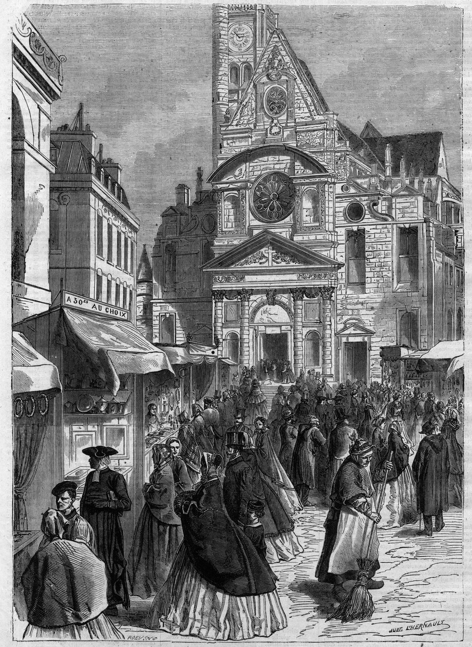 Novenan i Saint Genevieve vid Saint Etienne du Mont (Saint-Etienne-du-Mont) i Paris - Gravyr i "" Le Journal Illustrée"" av Unknown artist