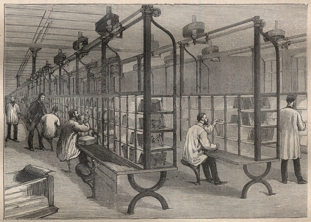 Brevpost: sortering av kuvert på Hotel des Posts i Paris - Gravyr i "La Science francaise"" av Unknown artist
