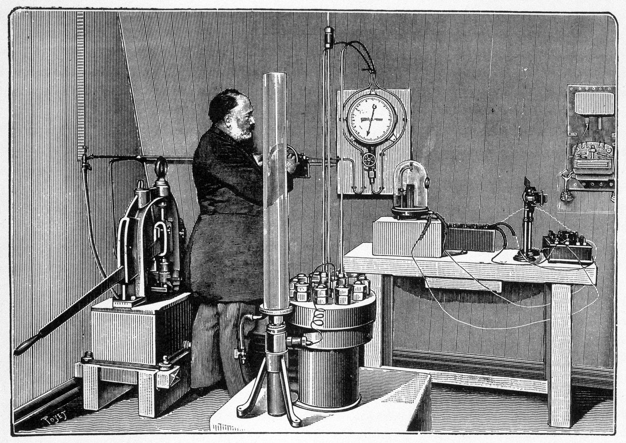 Laboratorium installerat på marknivå i Eiffeltornets västra pelare - gravyr av Unknown artist
