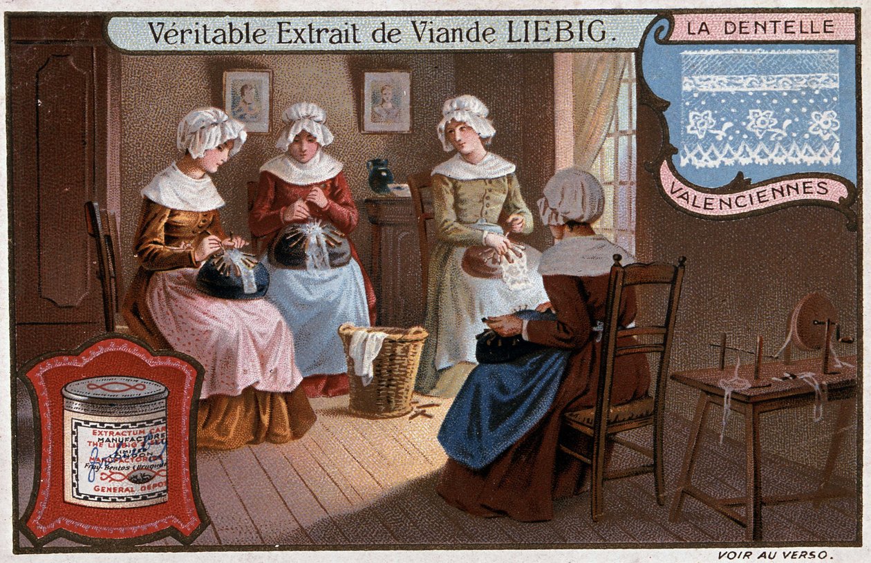 Spetsverkstad, Valenciennes, Liebig-reklam v. 1895 av Unknown artist