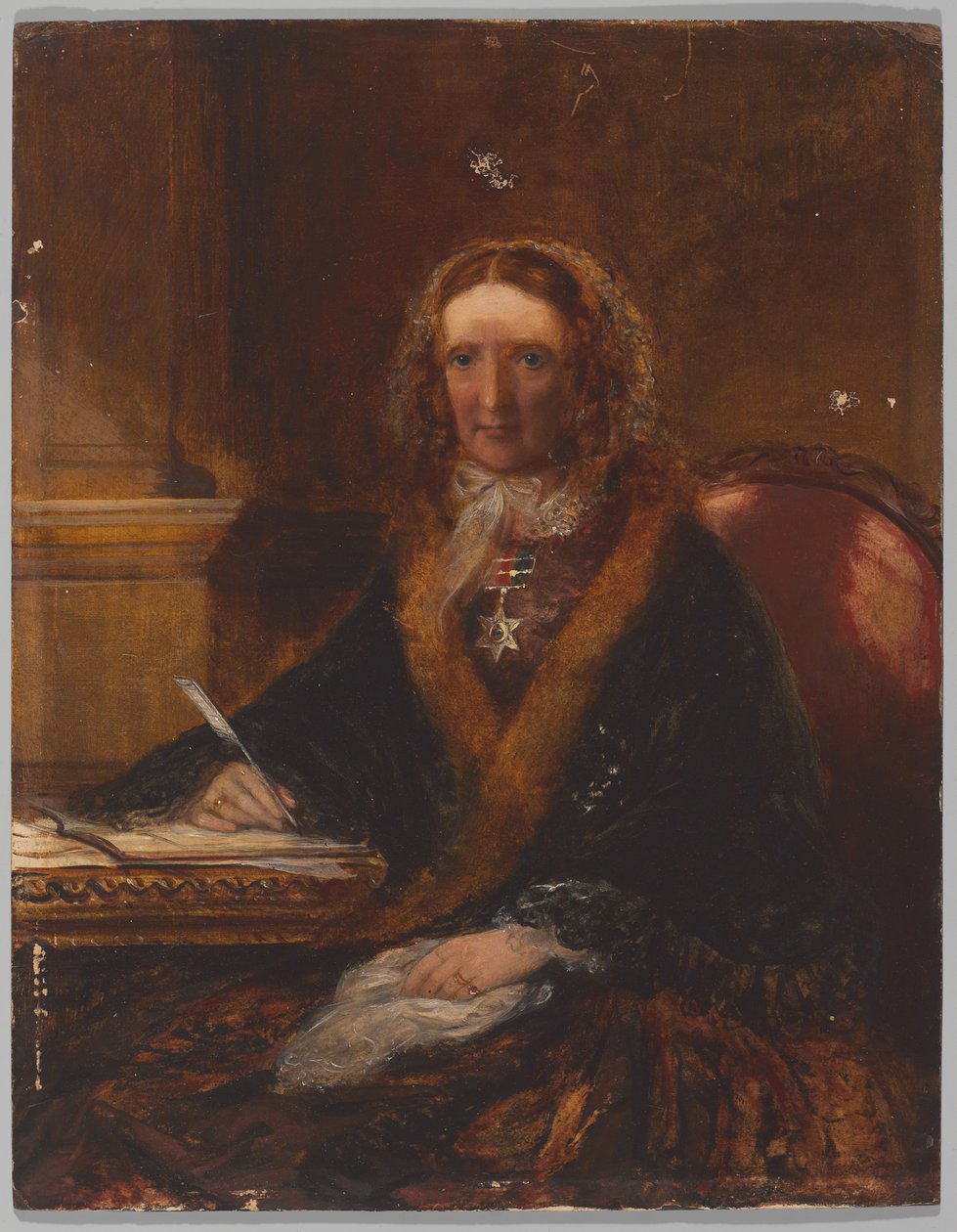 Lady Gough, klädd i Maharajpoor-stjärnan, en av fyra damer som fick denna dekoration för att ha varit närvarande vid slaget den 29 december 1843 (olja ombord) av Unknown artist