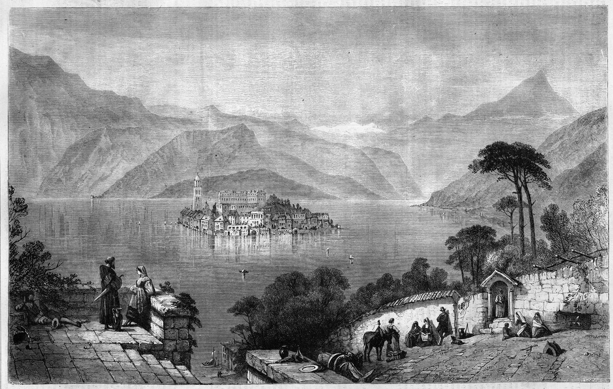 Lake Orta (Lake Cusio) (mitt på ön San Giulio (Saint Jules) i provinsen Novara i Italien. Gravyr från 1865. av Unknown artist
