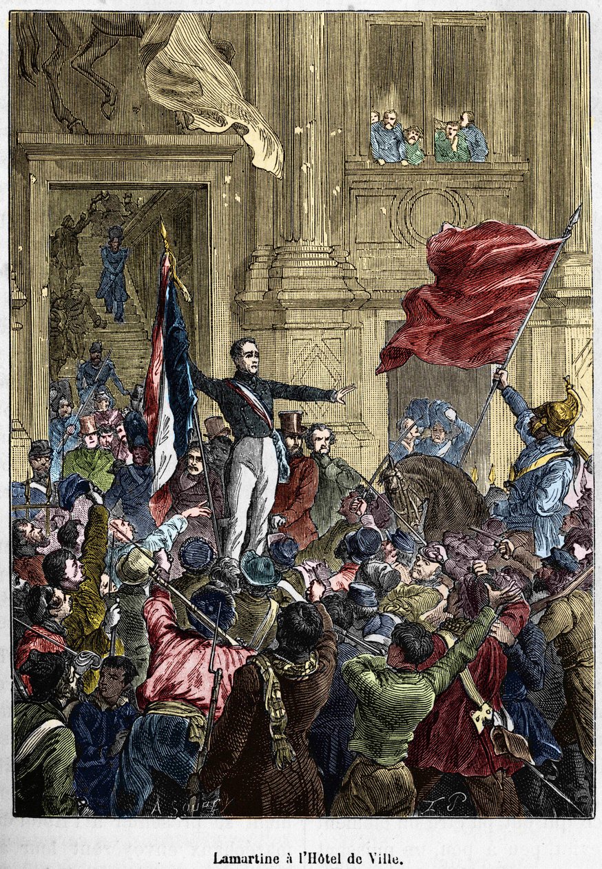 Lamartine (1790 - 1869), vägrar den röda flaggan för den trefärgade flaggan, vid rådhuset. Paris den 26 februari 1848. Bianchetti-samlingen. av Unknown artist