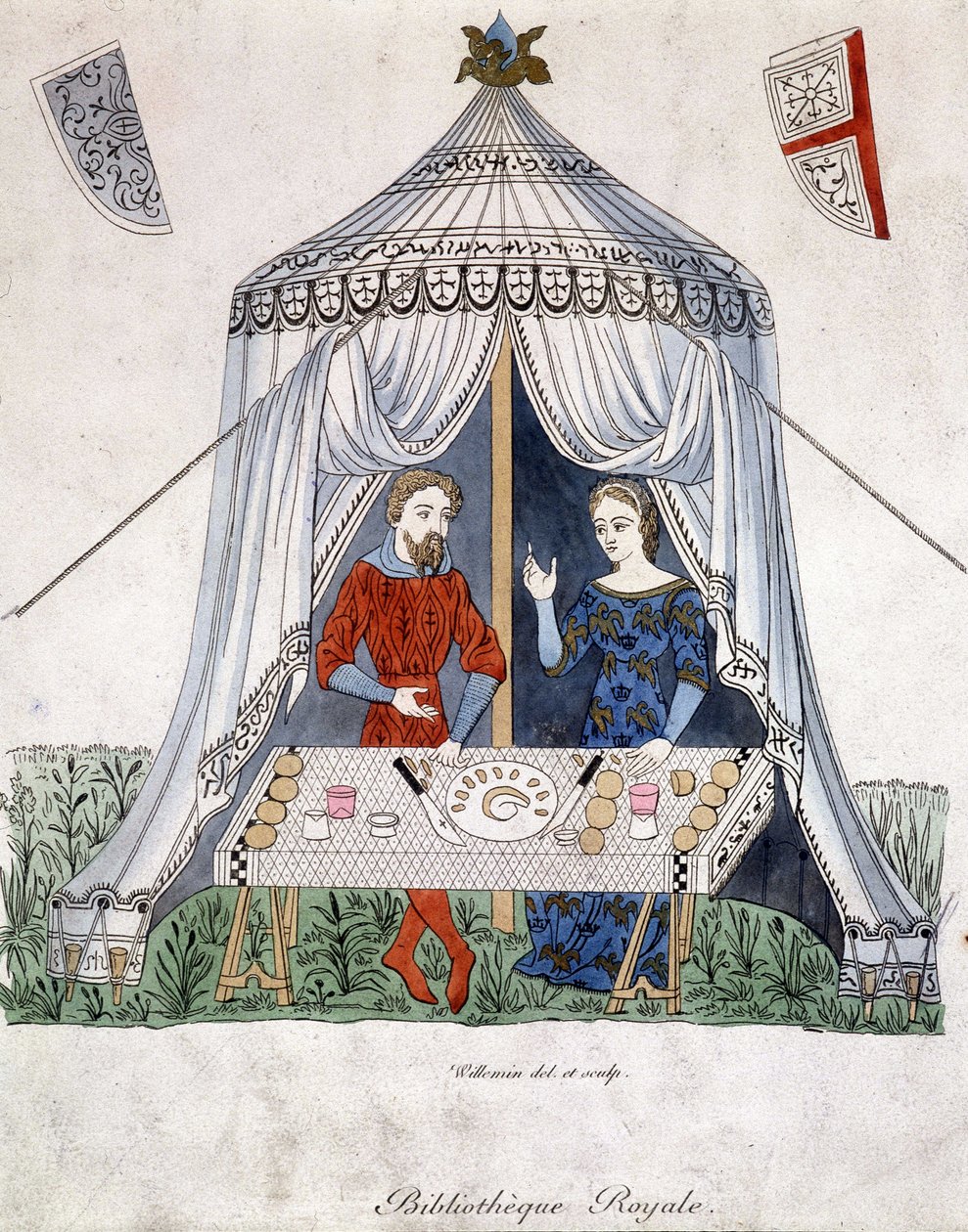 Lancelot och Guineèvre äter under ett tält, utdraget från "Lancelot du lac", efter dokument från 1370. av Unknown artist